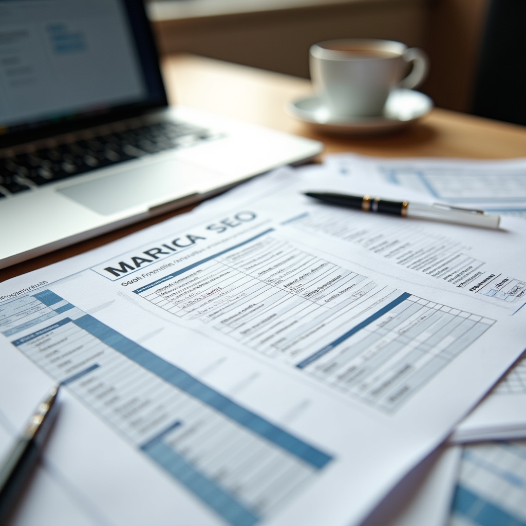 Printed SEO frameworks and template documents laid out on a desk next to a laptop