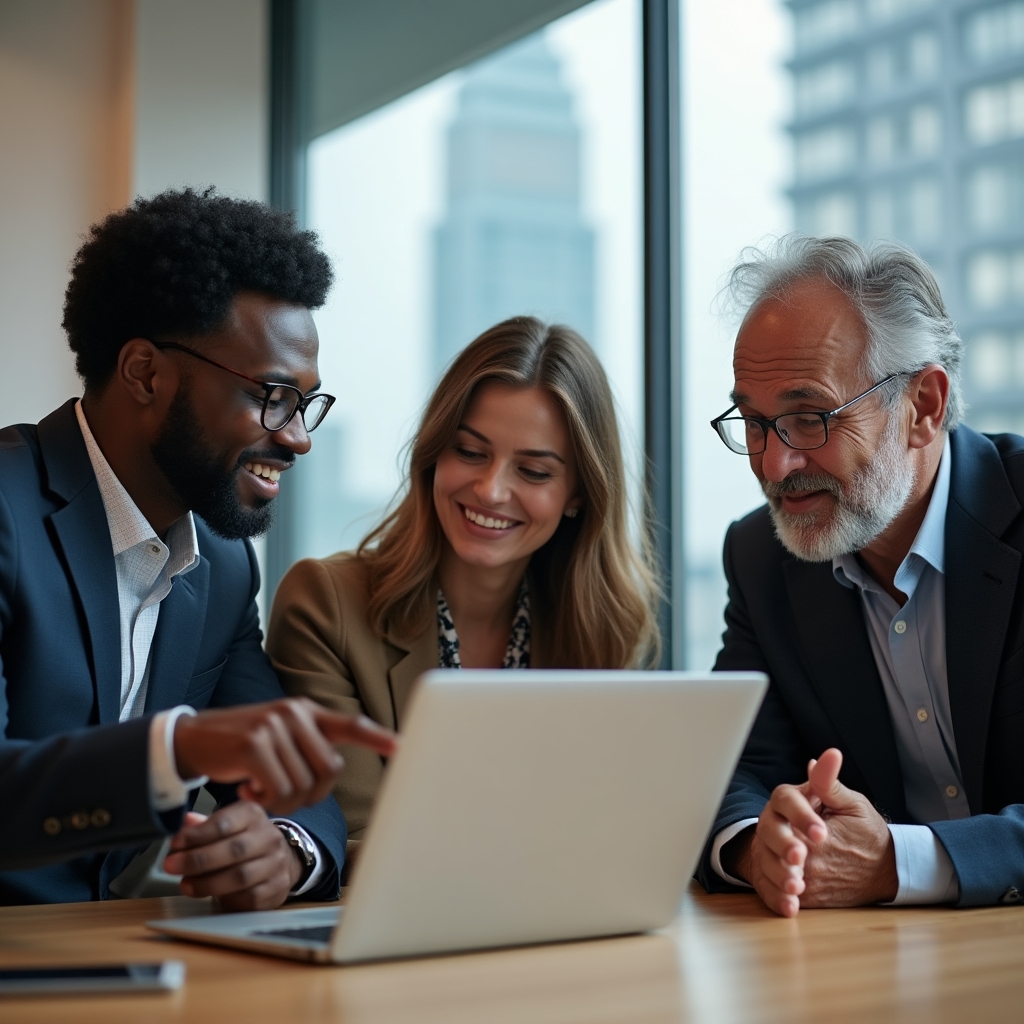A small group of SEO professionals collaborating around a laptop during a live peer session