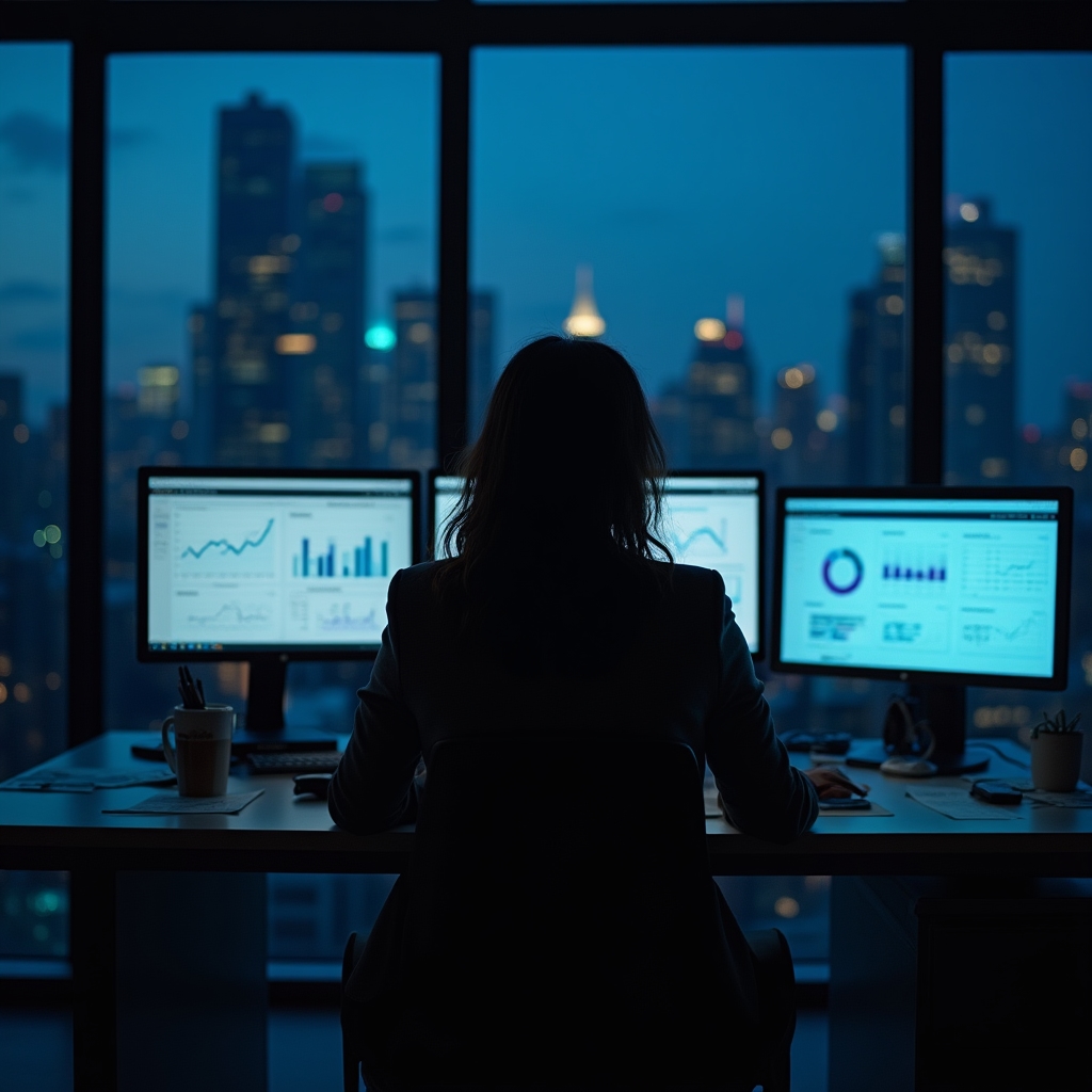 A solo in-house SEO professional working late at a desk surrounded by spreadsheets and monitors, isolated in an office