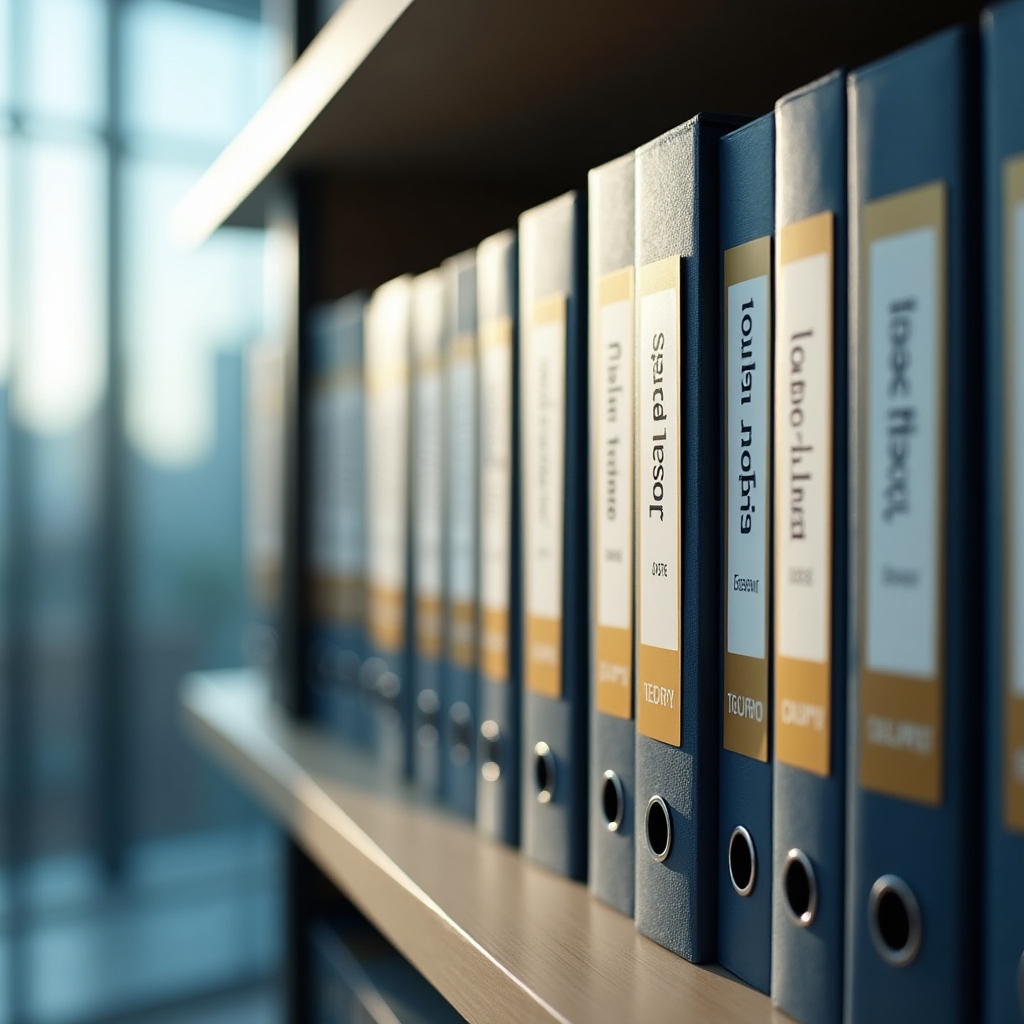 Organized binders and reference folders labeled with SEO framework categories on an office shelf