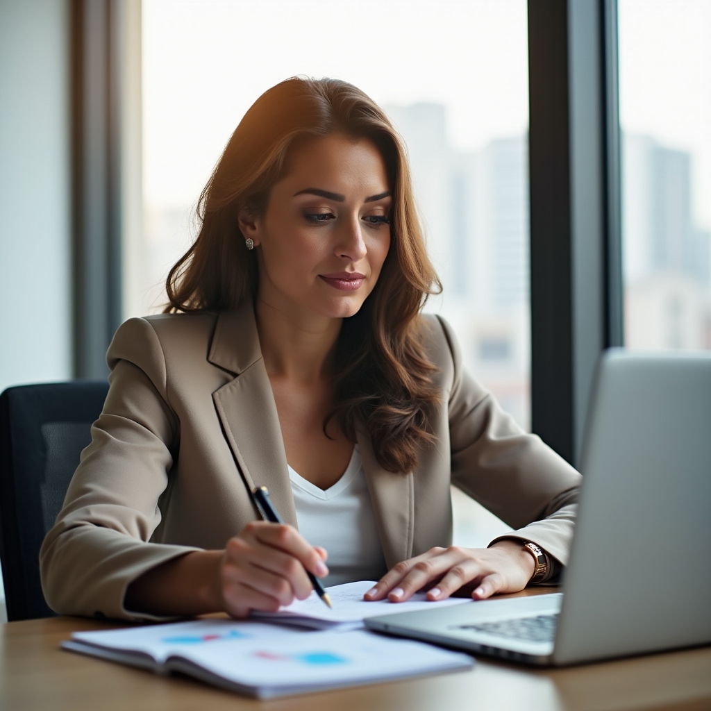 An SEO professional writing notes at a desk with a laptop showing analytics charts in a bright modern office