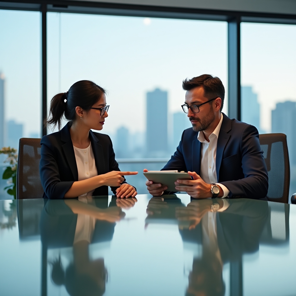 Two SEO professionals reviewing a strategy document together on a tablet in a bright office