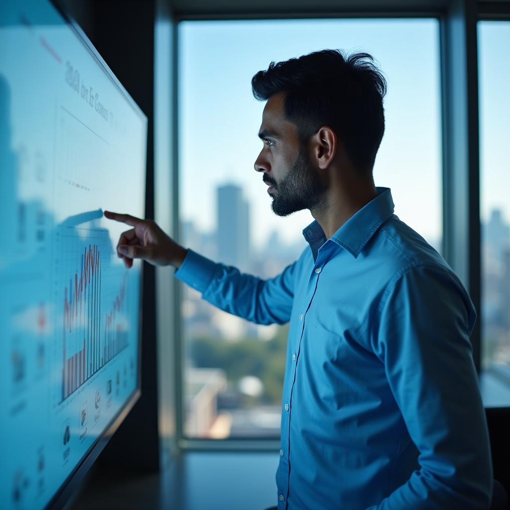 An SEO analyst reviewing performance data on a monitor in a glass-walled office meeting room