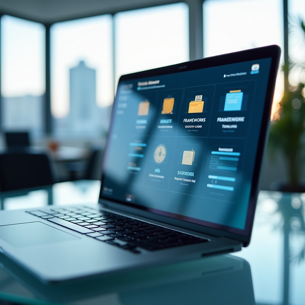 A laptop screen displaying an organized SEO framework and template library dashboard on a desk