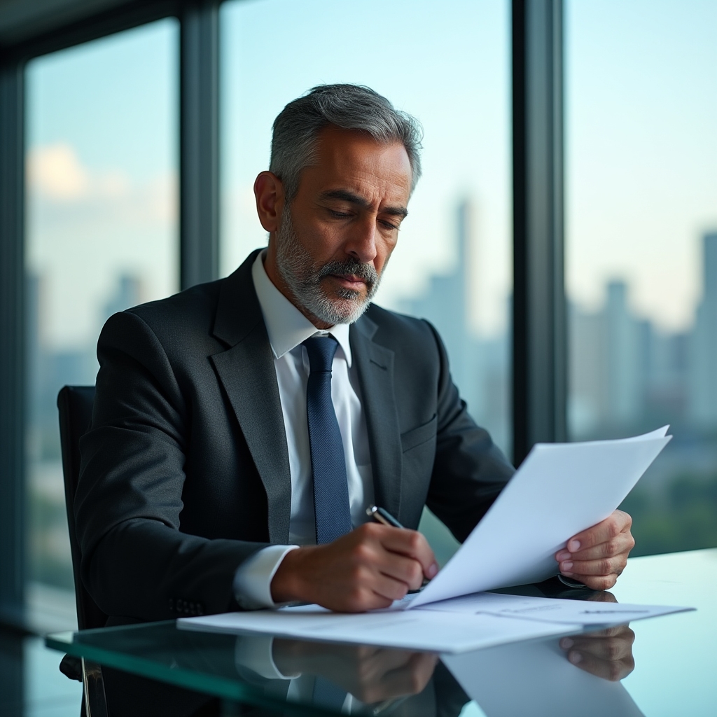 Community and sessions lead, a man in his late forties, seated at a desk in a glass-walled office reviewing documents