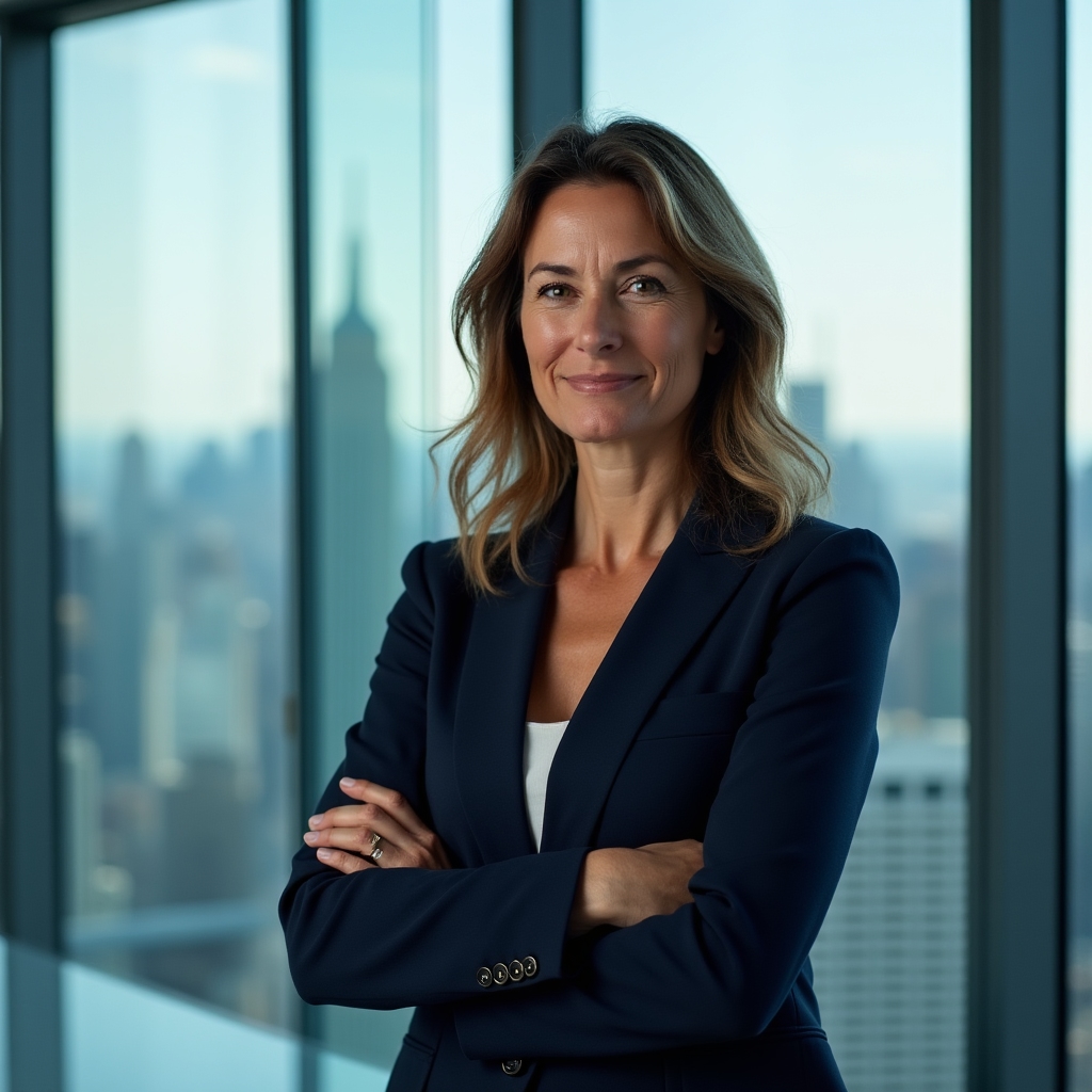 Founder of Lajobo Xahuro, a woman in her mid-forties, standing in a modern office with city skyline visible through floor-to-ceiling windows